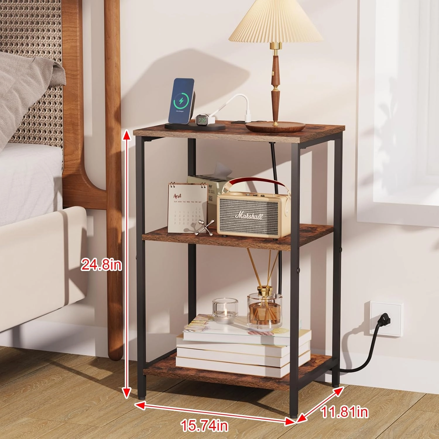 X-cosrack Side Table with Charging Station, End Table with USB Ports and Outlets, Nightstand with Storage Shelves for Small Space, Sofa Couch Table Bedside Table for Living Room Bedroom