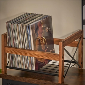 X-cosrack Vinyl Record Holder for 7"12" Albums, Holds 50100 Records, DVDs, or CDs - Modern Wooden Storage Stand, File Organizer Rack, Brown vinyl storage,record holder,LP organizer,