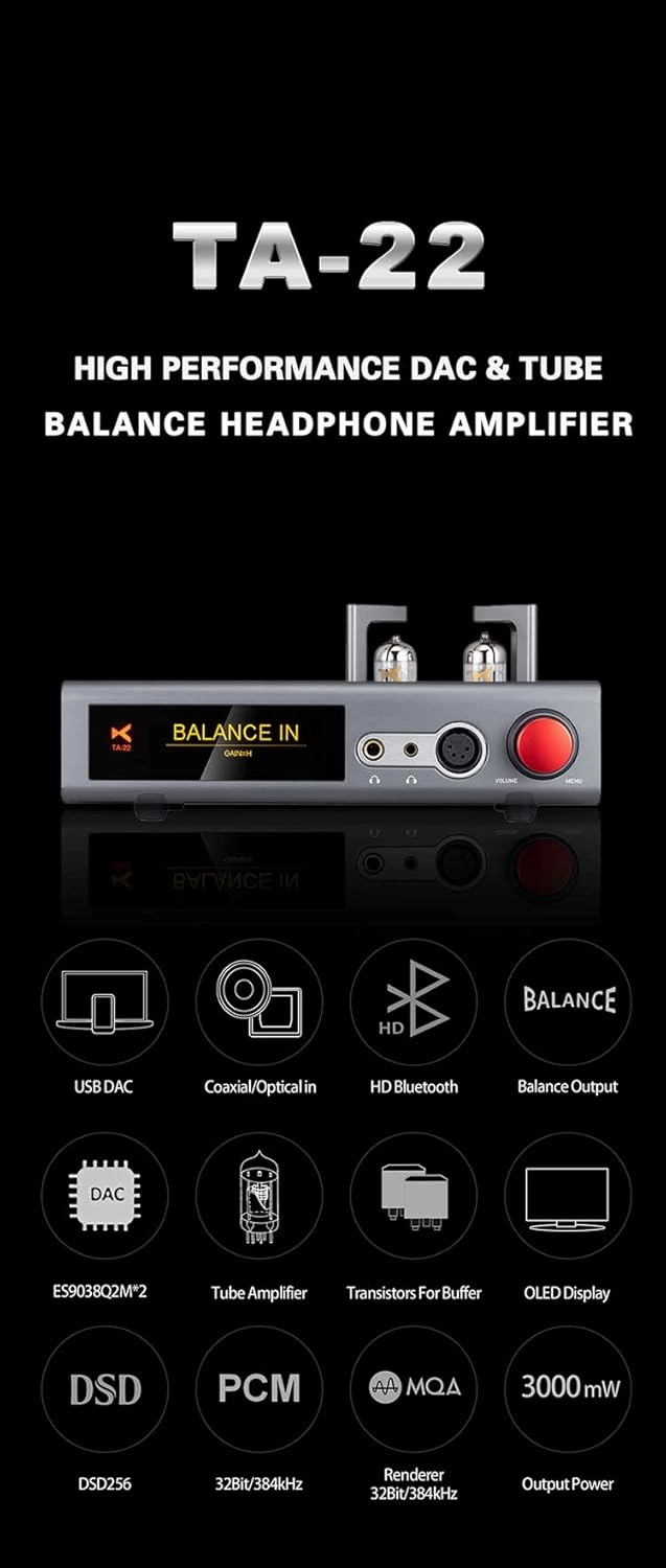 XDUOO TA-22 DAC&Tube Balance Headphone Amplifier ES9038Q2M*2 USB DSD256 32Bit/384kHz HD Bluetooth DAC Amp tube amplifier,valve amp,audiophile tube stereo,