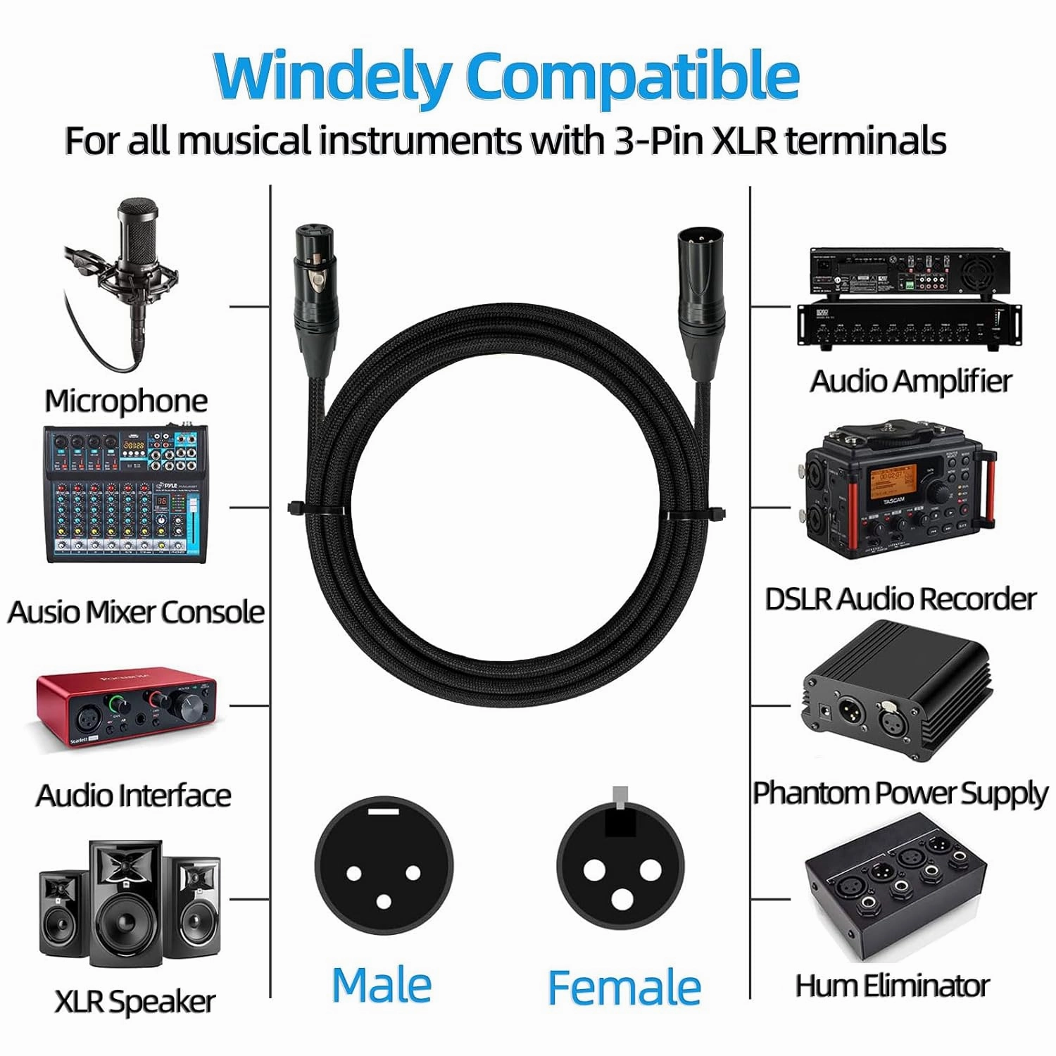 XLR Cables XlR to xlr Cable (10 Feet 2-Pack) Noise-Canceling Balanced Wire Connector, 3 Pin XLR Microphone Cables Oxygen-Free Copper (OFC) Male to Female Mic Cord for Speaker Mixer, Studio,Podcast