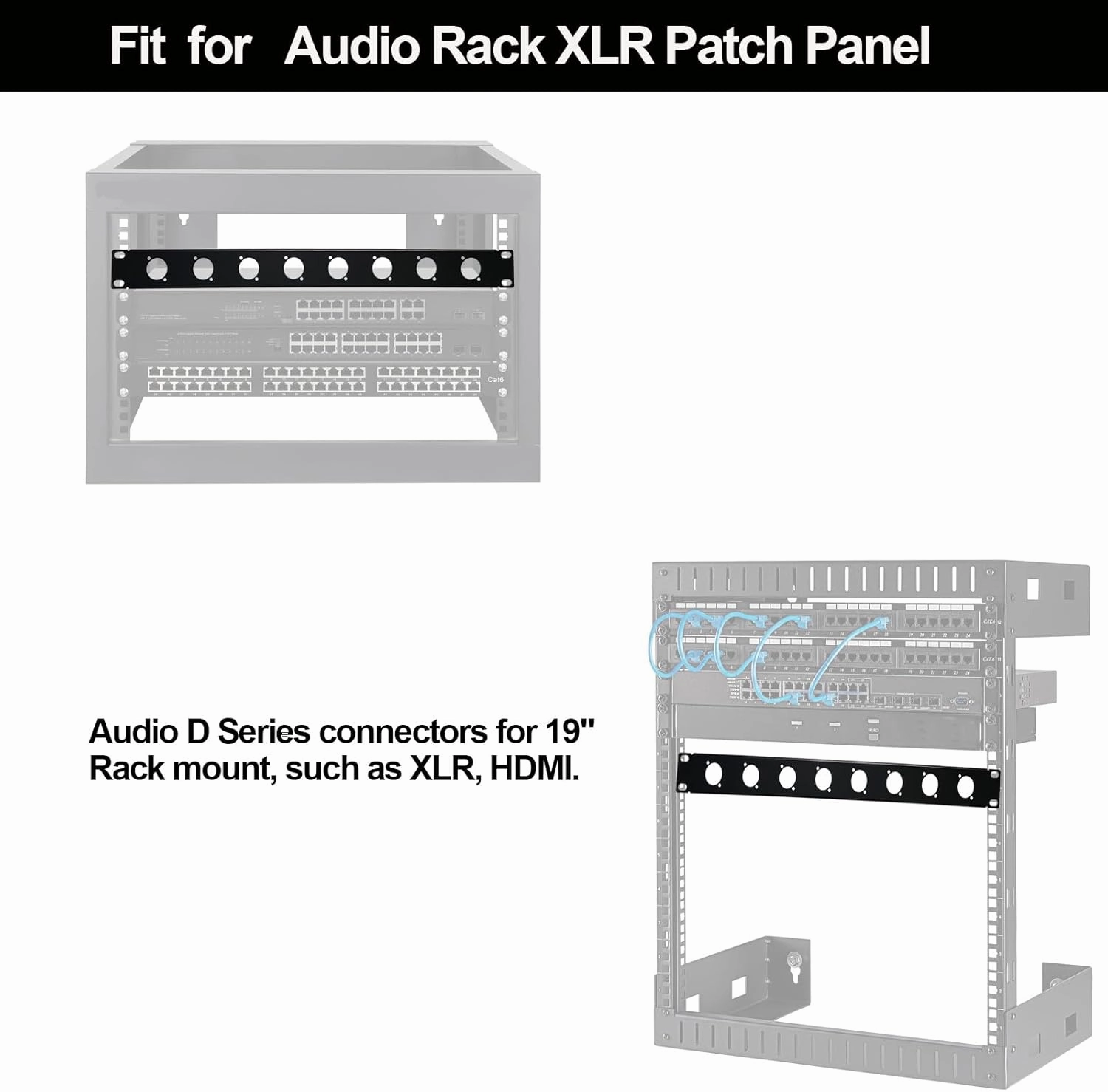XLR HDMI Audio Rack Mount Panel, 1U D-Series Punched Metal HDMI Rack Mount Connectors for 19" Enclosure Server Computer Equipment Studio (8 Port, 1U)