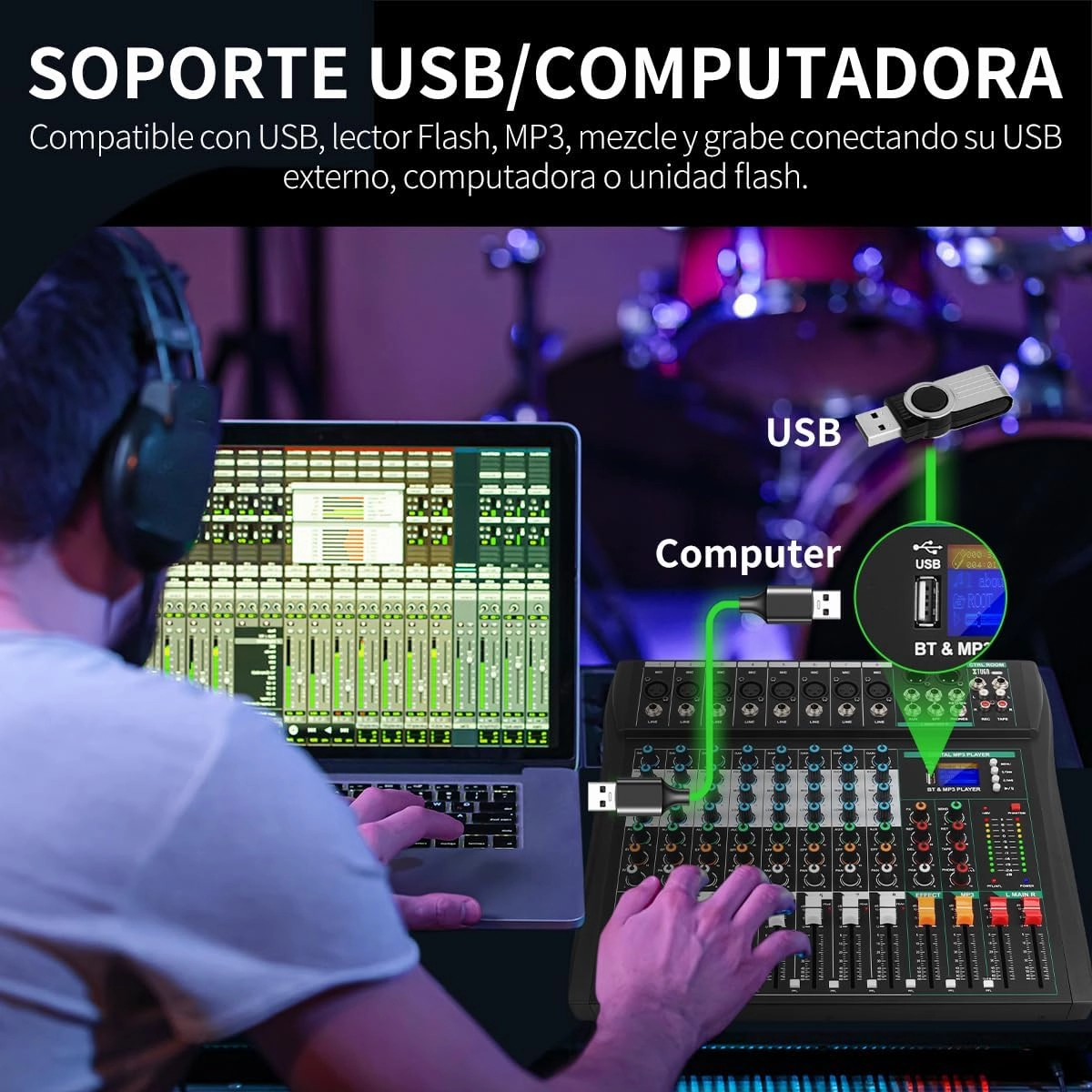 XTUGA Audio Mixer Sound Board Console 8 Channel for Recording Controller Audio Interface PC USB Bluetooth with Digital Effect 48V Phantom Power Input CT80