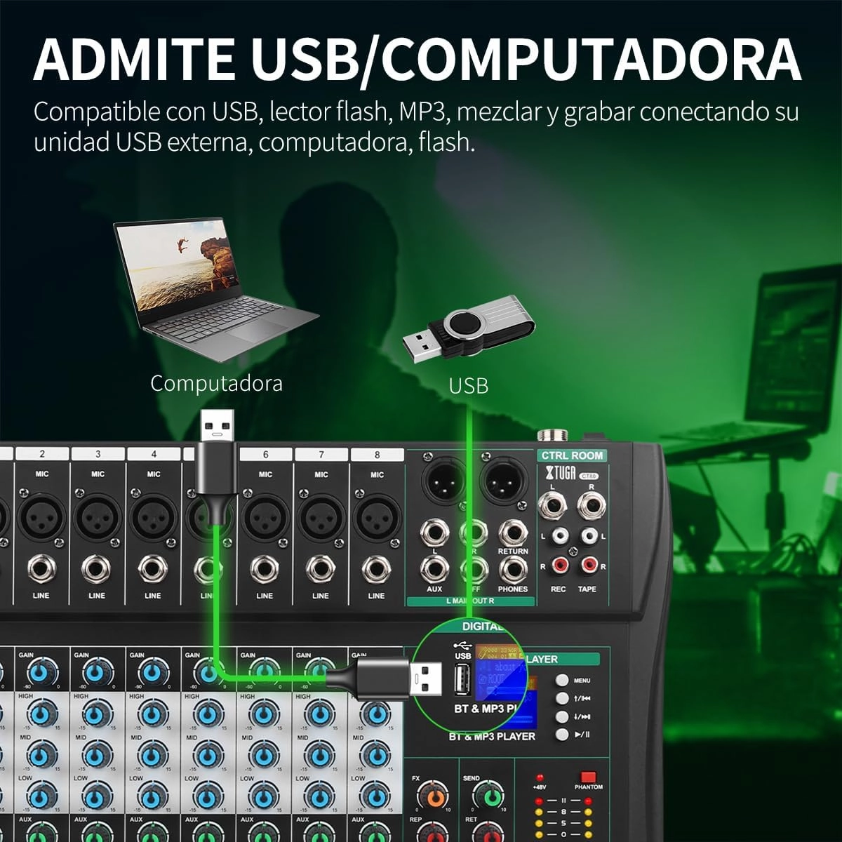 XTUGA Audio Mixer Sound Board Console 8 Channel for Recording Controller Audio Interface PC USB Bluetooth with Digital Effect 48V Phantom Power Input CT80
