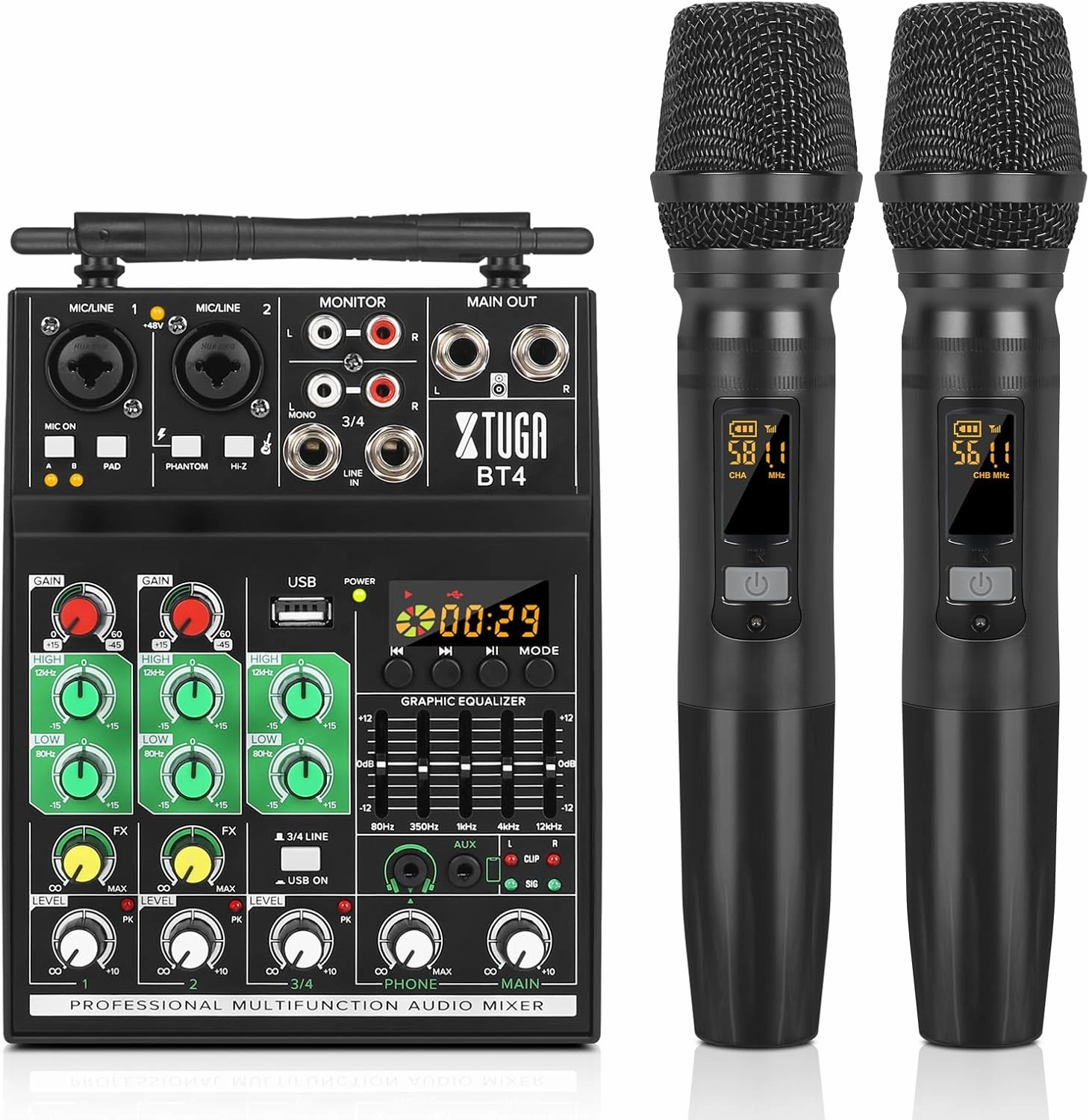 XTUGA BT4 Karaoke Mixer with Wireless Microphone, 4 Channel Audio Mixer Sound Board Console MP3 Bluetooth 48V Phantom Power USB Audio Interface DJ Mixing for Home mixer console,audio mixing desk,DJ console,