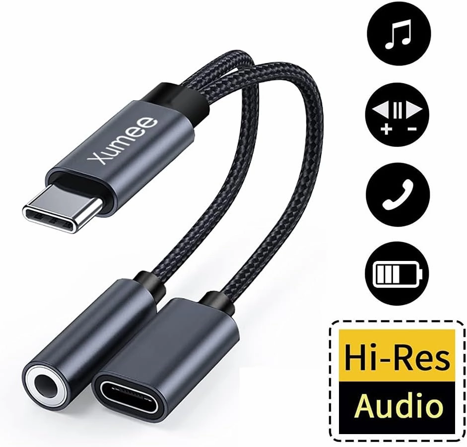 Xumee USB Type C to 3.5mm Headphone and Charger Adapter, 2-in-1 USB C to Aux Audio Jack Hi-Res DAC and Fast Charging Dongle Cable Compatible with iPhone 16/15 Pro Max,Galaxy S25 S24 Ultra (Grey)