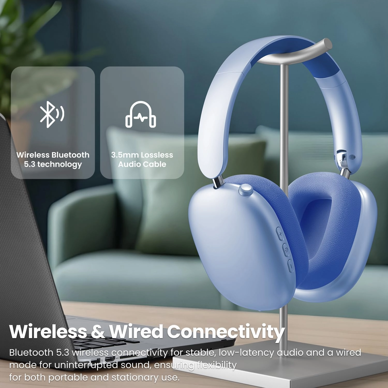 Y01 Wireless Over Ear Headphones, Noise Canceling Bluetooth 5.3 Headphones with Microphones,Hi-Res Audio,48H Playtime,Foldable,Breathable Soft Earpads for iOS/Android/Samsung/PC-Blue