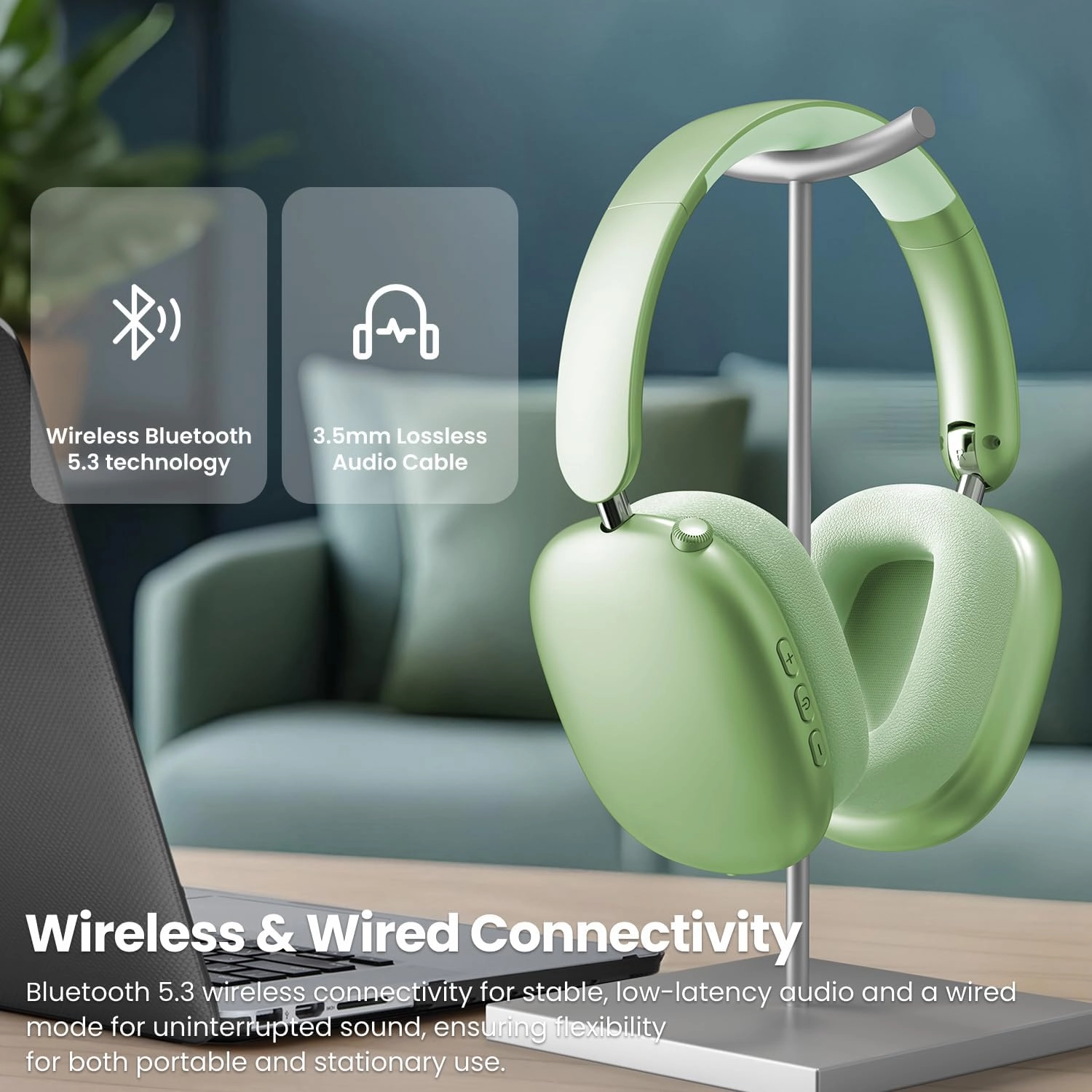 Y01 Wireless Over Ear Headphones, Noise Canceling Bluetooth 5.3 Headphones with Microphones,Hi-Res Audio,48H Playtime,Foldable,Breathable Soft Earpads for iOS/Android/Samsung/PC-Green