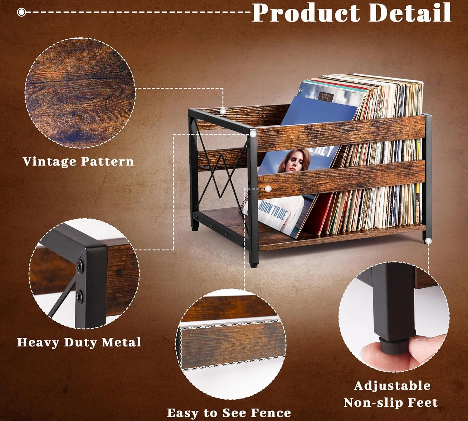 Y&M Vinyl Record Storage Crate, Wooden Storage Box, Classic Cube CD Albums Shelf Holder Organizer, Holds Up to 100  Records, Magazine Rack for Desktop, Home, Office, Brown