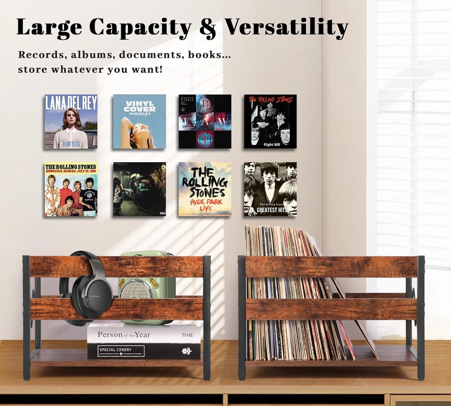 Y&M Vinyl Record Storage Crate, Wooden Storage Box, Classic Cube CD Albums Shelf Holder Organizer, Holds Up to 100  Records, Magazine Rack for Desktop, Home, Office, Brown