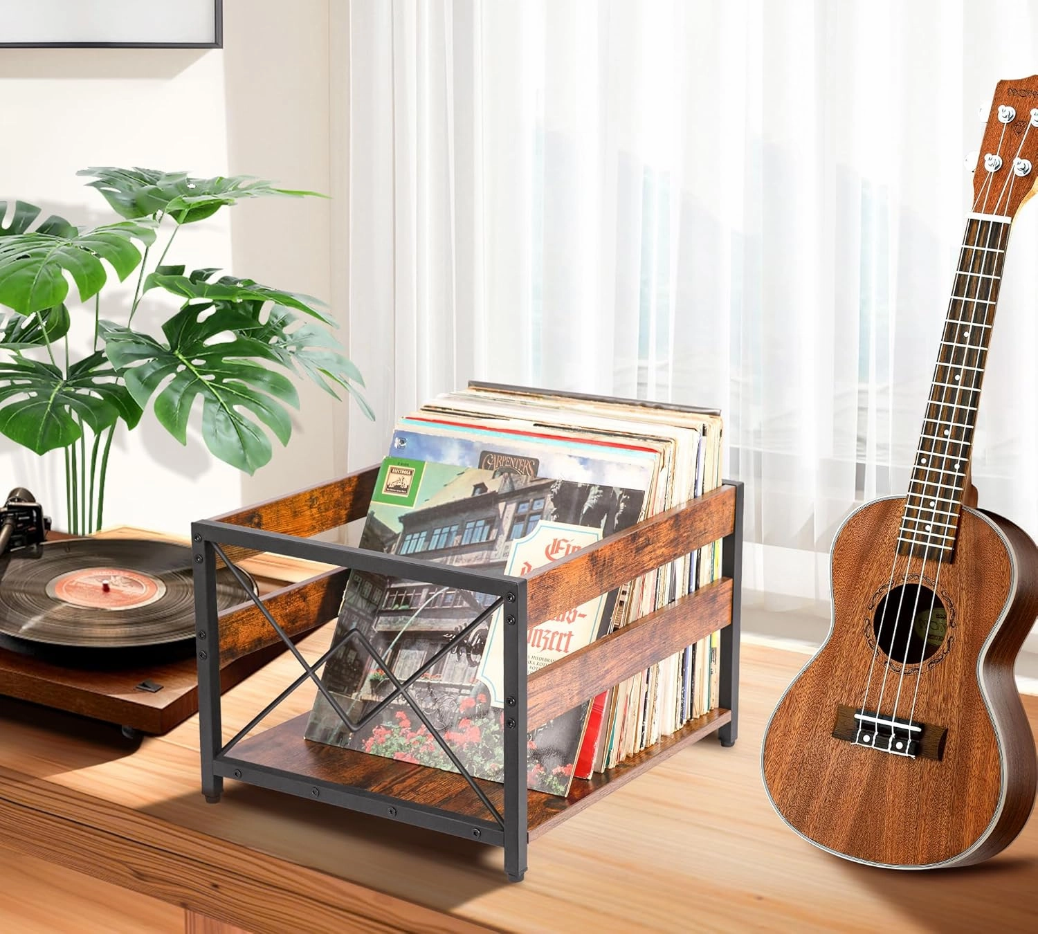 Y&M Vinyl Record Storage Crate, Wooden Storage Box, Classic Cube CD Albums Shelf Holder Organizer, Holds Up to 100  Records, Magazine Rack for Desktop, Home, Office, Brown