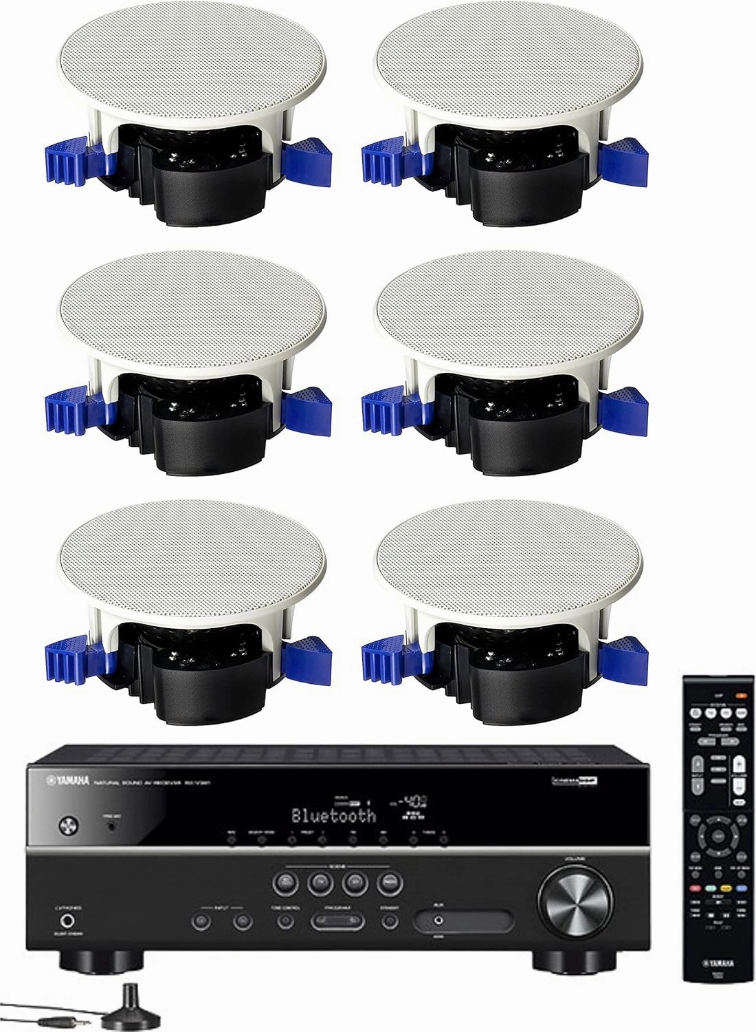 Yamaha 5.1-Channel Wireless Bluetooth 4K A/V Home Theater Receiver   Yamaha Easy-to-Install Natural Sound Moisture Resistant 6.5" High Performance in-Ceiling Speakers (Set of 6) surround sound system,cinema audio kit,5.1 surround package,