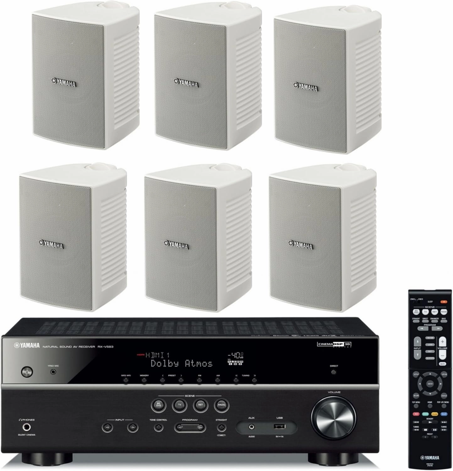 Yamaha 7.2-Channel Wireless Bluetooth 4K Network A/V Wi-Fi Home Theater Receiver   Yamaha High-Performance Natural Surround Sound 2-Way Indoor/Outdoor Weatherproof Speaker System (Set of 6) network audio player,digital streamer,audio file player,