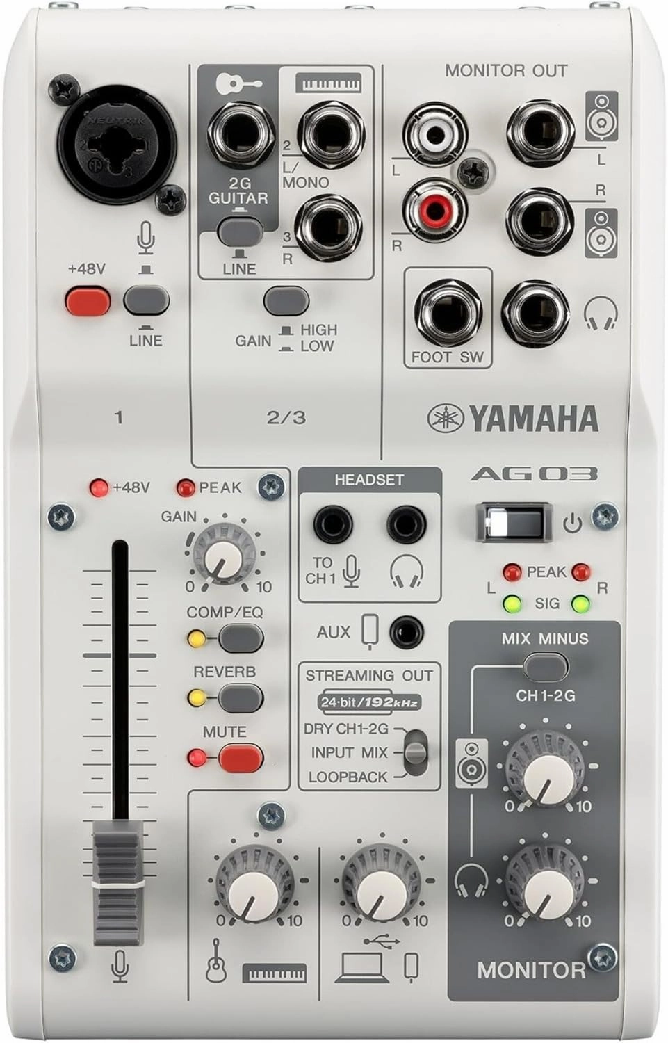 Yamaha AG03MK2 White 6-Channel Live Streaming Loopback Mixer/USB Interface with Steinberg Software Suite audio interface,USB interface,music recording input,