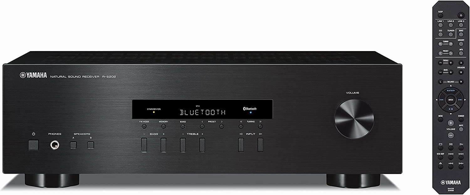 Yamaha R-S202 Stereo Receiver with Built-In Bluetooth Connectivity, Up to 100W Per Channel at 8 Ohms, 4 x RCA-In, 1 x RCA-Out, Front Panel 1/4" Headphone Output (Black) (Renewed)