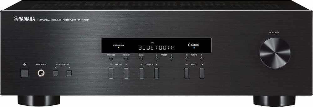 Yamaha R-S202 Stereo Receiver with Built-In Bluetooth Connectivity, Up to 100W Per Channel at 8 Ohms, 4 x RCA-In, 1 x RCA-Out, Front Panel 1/4" Headphone Output (Black) (Renewed)