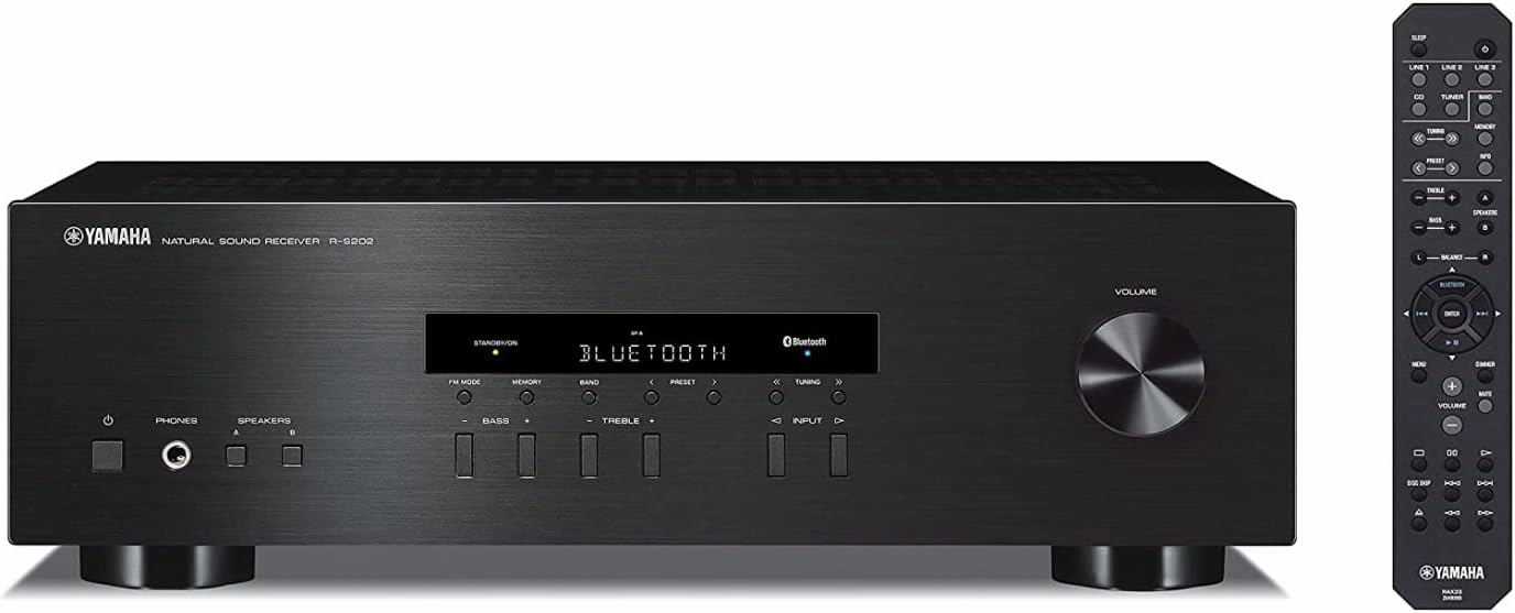 Yamaha R-S202 Stereo Receiver with Built-In Bluetooth Connectivity, Up to 100W Per Channel at 8 Ohms, 4 x RCA-In, 1 x RCA-Out, Front Panel 1/4" Headphone Output (Black) (Renewed) AV receiver,surround receiver,home theater amplifier,
