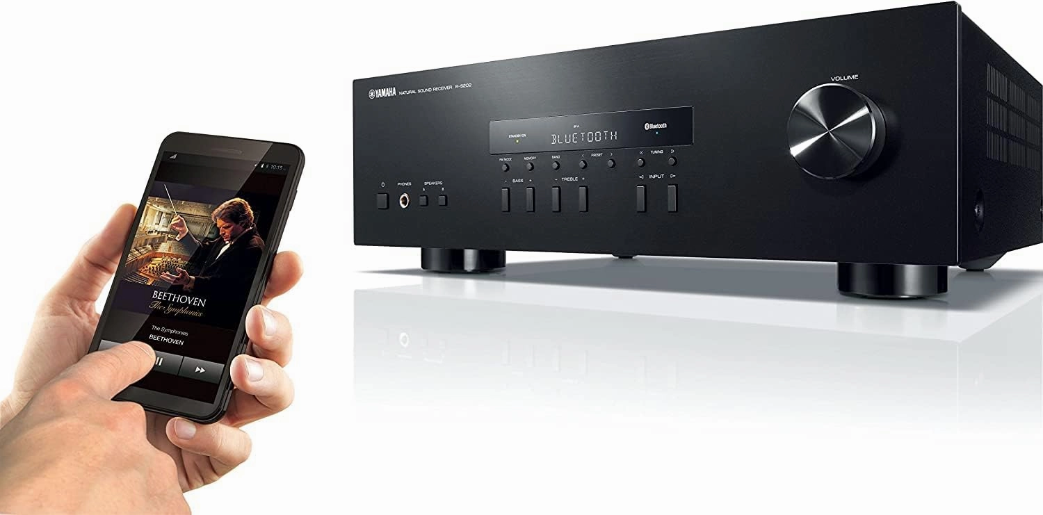Yamaha R-S202 Stereo Receiver with Built-In Bluetooth Connectivity, Up to 100W Per Channel at 8 Ohms, 4 x RCA-In, 1 x RCA-Out, Front Panel 1/4" Headphone Output (Black) (Renewed)