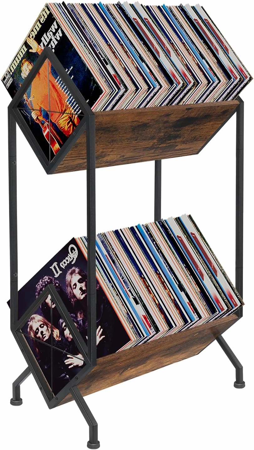 YINMIT Vinyl Record Holder, 160-200 LP Vinyl Record Storage Rack, Quick Assembly, Retro Style Organizer for Magazine, Book, Files, Albums (Retro Brown, 2 Tier)