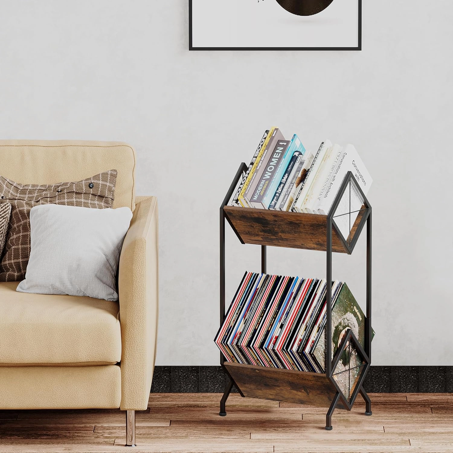 YINMIT Vinyl Record Holder, 160-200 LP Vinyl Record Storage Rack, Quick Assembly, Retro Style Organizer for Magazine, Book, Files, Albums (Retro Brown, 2 Tier)