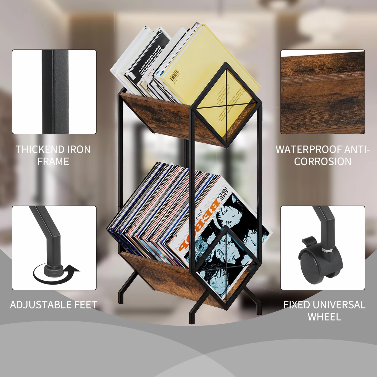 YINMIT Vinyl Record Holder, 160-200 LP Vinyl Record Storage Rack, Quick Assembly, Retro Style Organizer for Magazine, Book, Files, Albums (Retro Brown, 2 Tier)