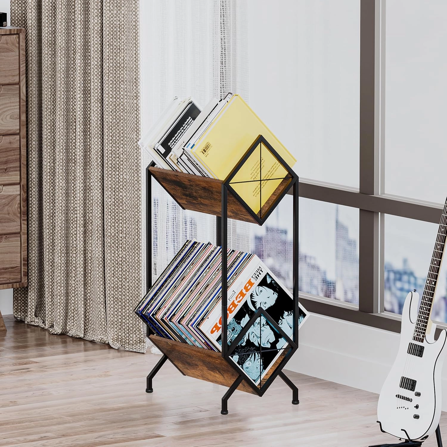 YINMIT Vinyl Record Holder, 160-200 LP Vinyl Record Storage Rack, Quick Assembly, Retro Style Organizer for Magazine, Book, Files, Albums (Retro Brown, 2 Tier)