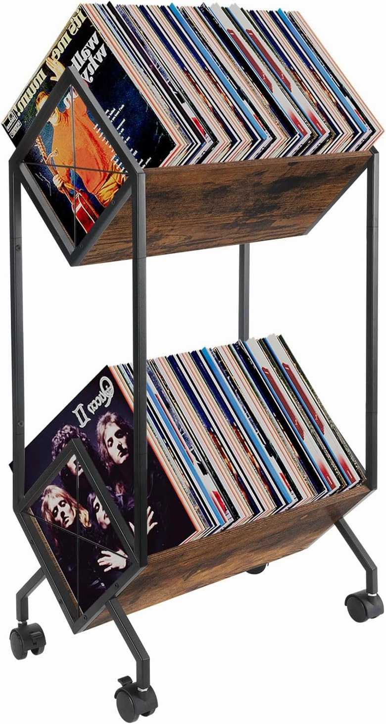 YINMIT Vinyl Record Holder, 160-200 LP Vinyl Record Storage Rack, Quick Assembly, Retro Style Organizer for Magazine, Book, Files, Albums (Retro Brown, 2 Tier)