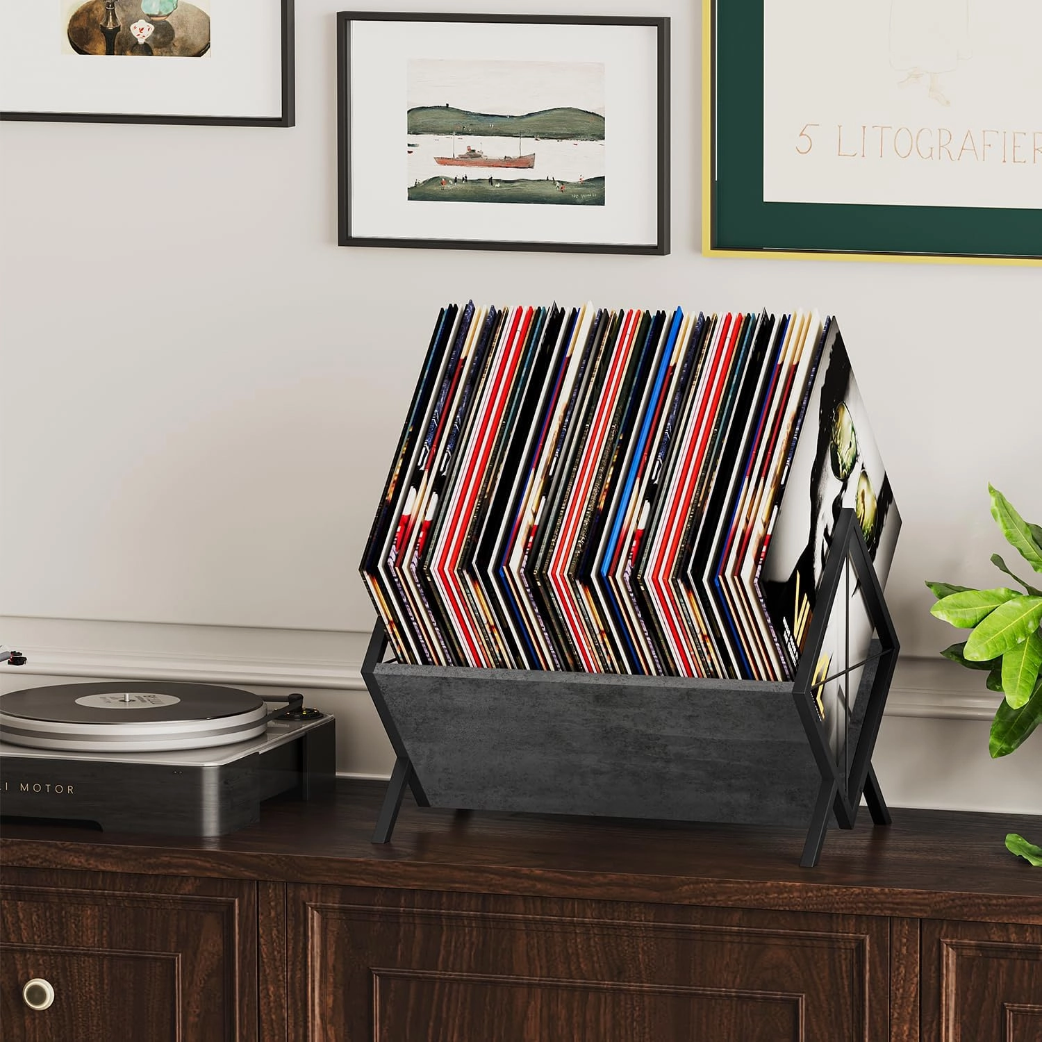 YINMIT Vinyl Record Holder, 80-100 LP Vinyl Record Storage Rack, Quick Assembly Vinyl Record Display, Retro Style Organizer for Magazine, Book, Files, Albums (Grey, 1 Tier)
