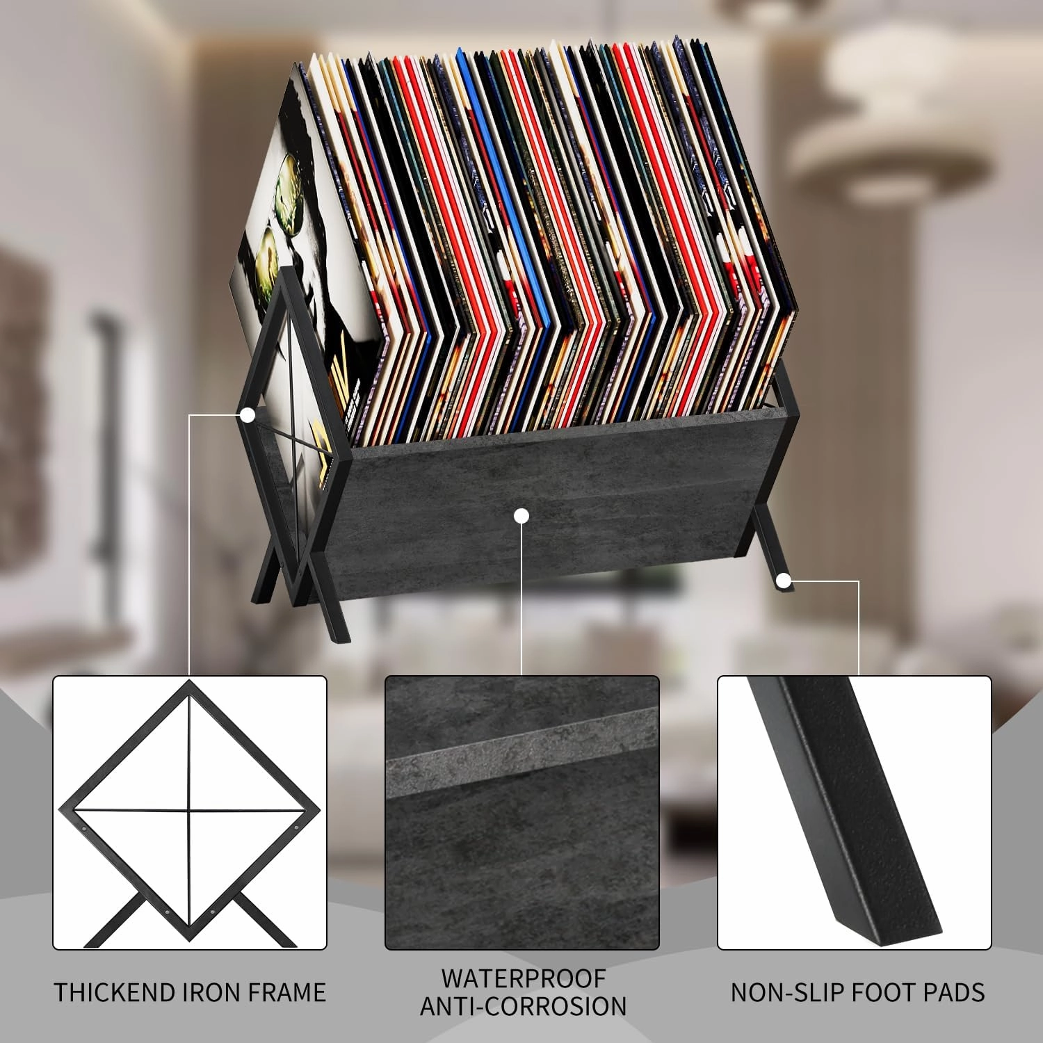 YINMIT Vinyl Record Holder, 80-100 LP Vinyl Record Storage Rack, Quick Assembly Vinyl Record Display, Retro Style Organizer for Magazine, Book, Files, Albums (Grey, 1 Tier)