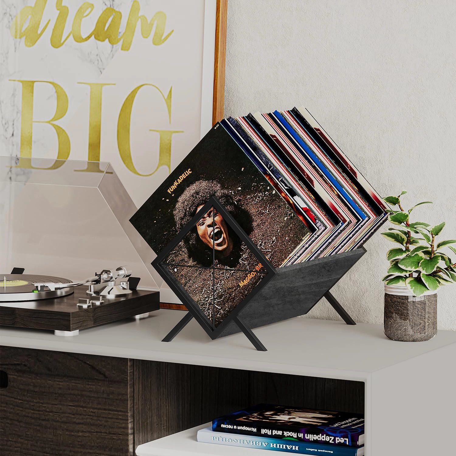 YINMIT Vinyl Record Holder, 80-100 LP Vinyl Record Storage Rack, Quick Assembly Vinyl Record Display, Retro Style Organizer for Magazine, Book, Files, Albums (Grey, 1 Tier)