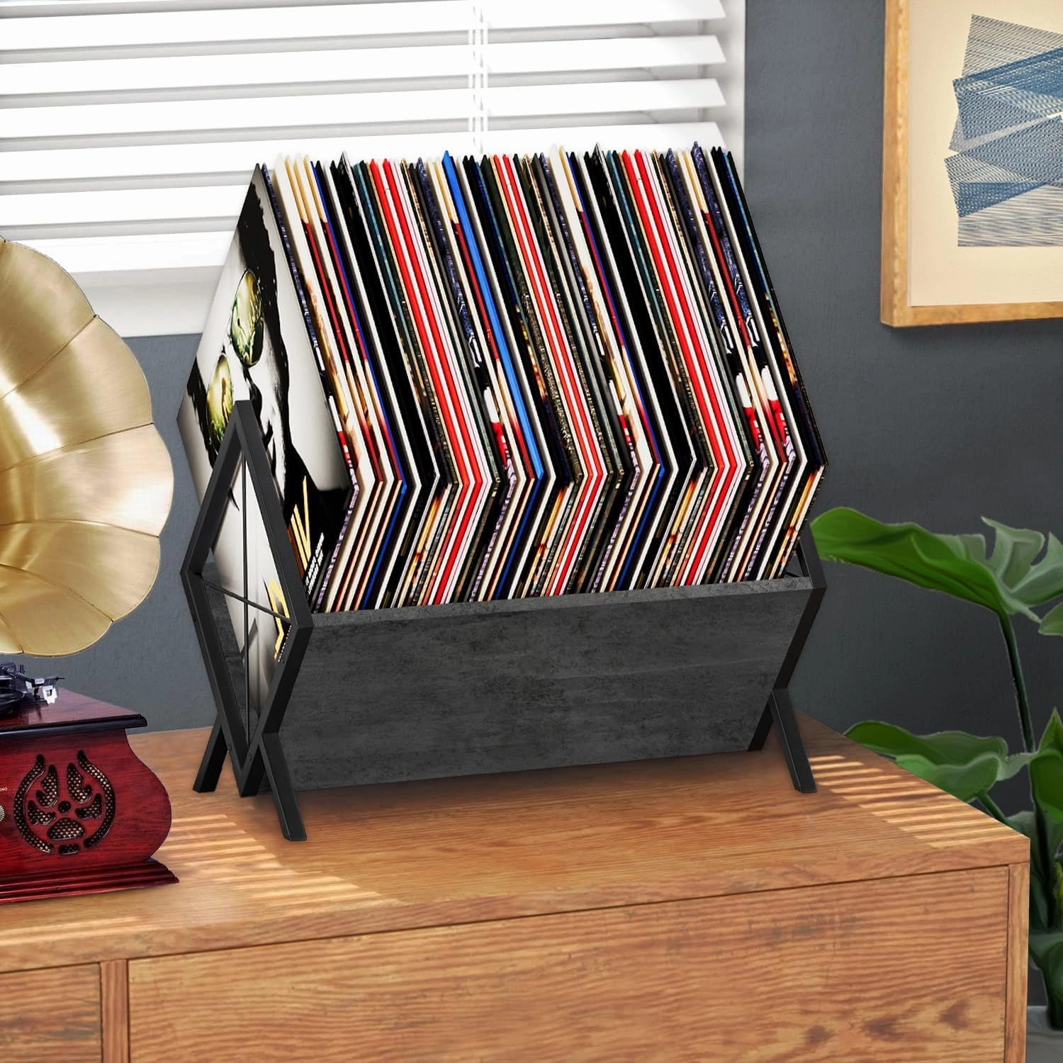 YINMIT Vinyl Record Holder, 80-100 LP Vinyl Record Storage Rack, Quick Assembly Vinyl Record Display, Retro Style Organizer for Magazine, Book, Files, Albums (Grey, 1 Tier)