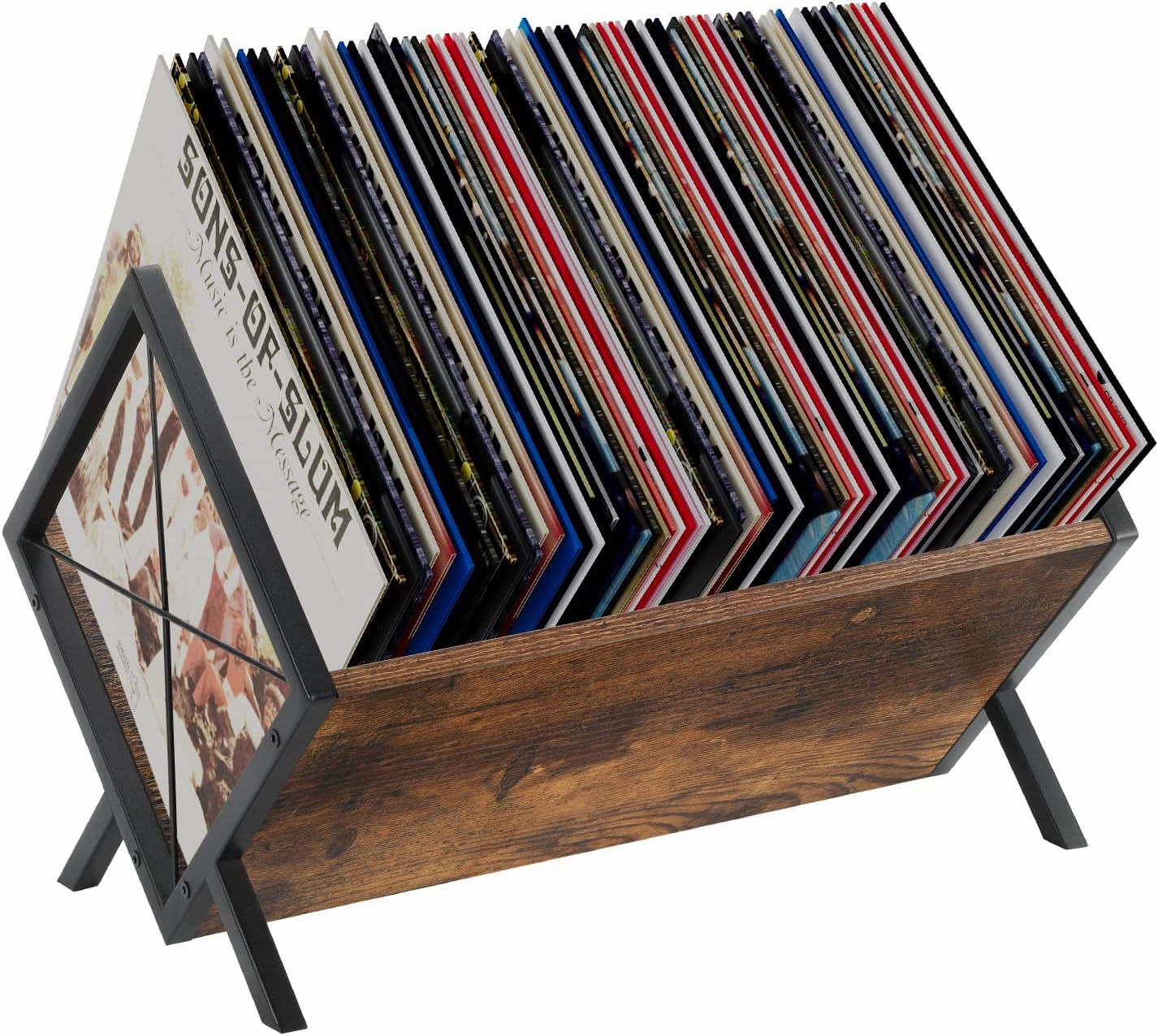 YINMIT Vinyl Record Holder, 80-100 LP Vinyl Record Storage Rack, Quick Assembly Vinyl Record Display, Retro Style Organizer for Magazine, Book, Files, Albums (Rustic Brown, 1 Tier)