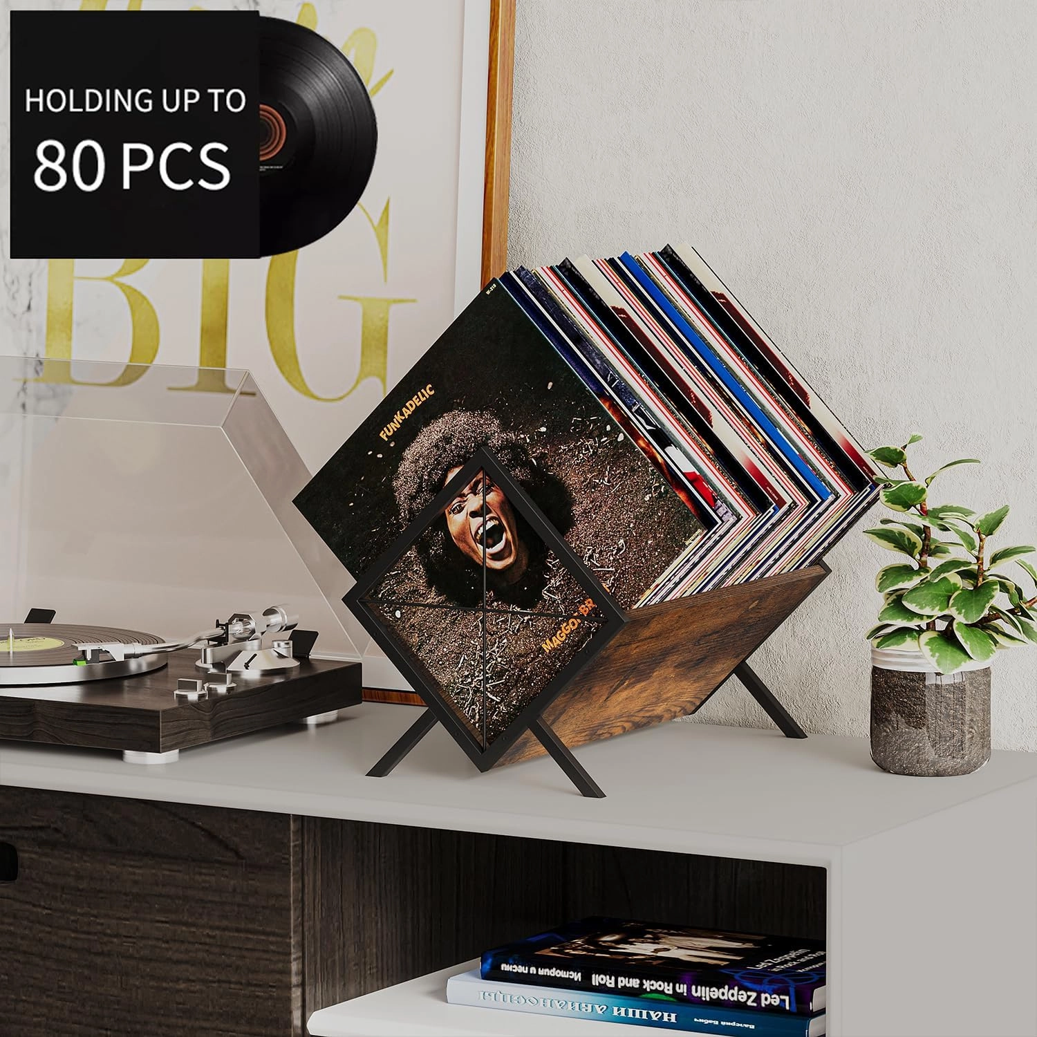 YINMIT Vinyl Record Holder, 80-100 LP Vinyl Record Storage Rack, Quick Assembly Vinyl Record Display, Retro Style Organizer for Magazine, Book, Files, Albums (Rustic Brown, 1 Tier)