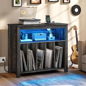 YITAHOME Large Record Player Stand with Power Outlets & LED Lights, Vinyl Record Storage Table with Display Shelf Holds Up to 120 Albums, Turntable Stand for Living Room, Bedroom, Dark Rustic Oak vinyl storage,record holder,LP organizer,