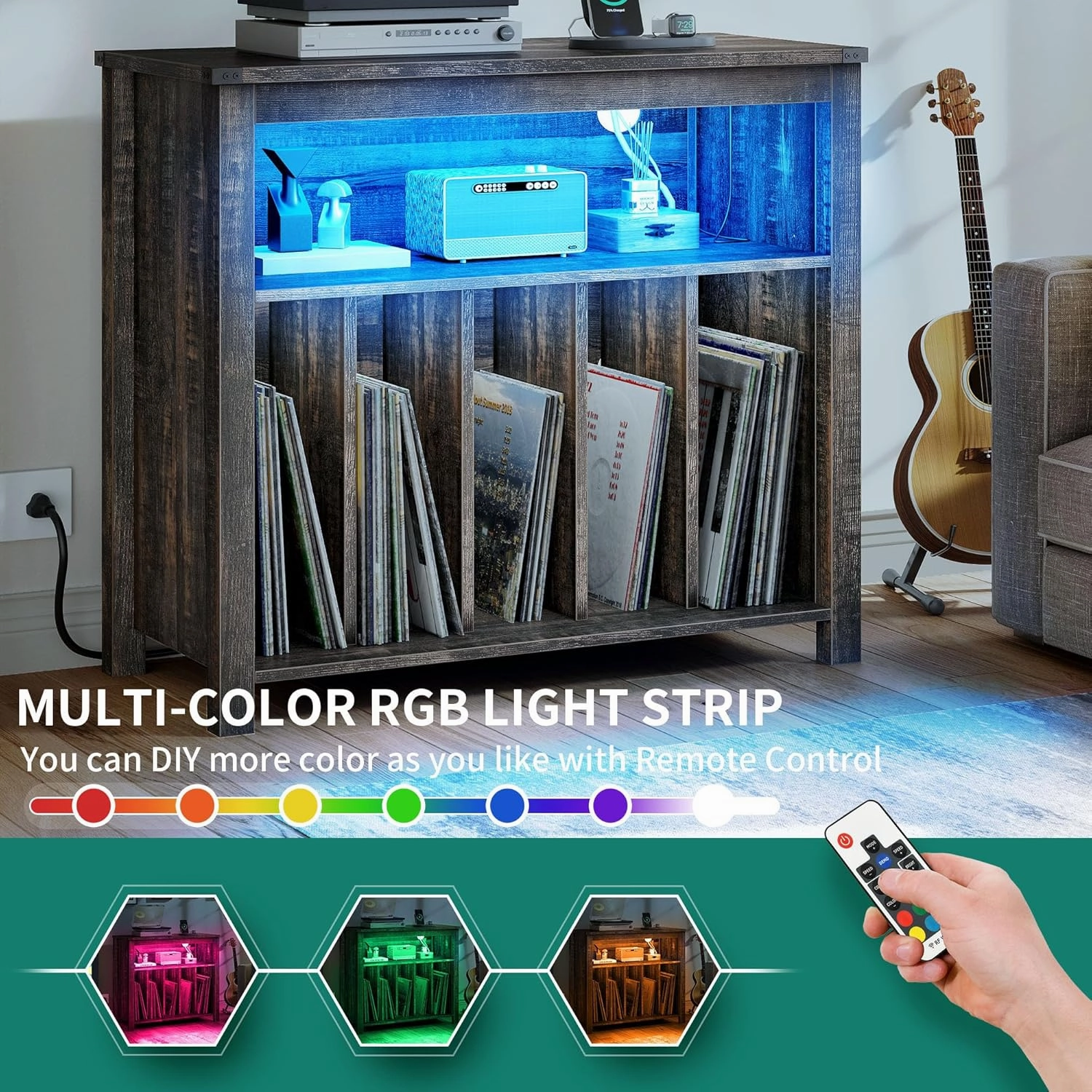 YITAHOME Large Record Player Stand with Power Outlets & LED Lights, Vinyl Record Storage Table with Display Shelf Holds Up to 120 Albums, Turntable Stand for Living Room, Bedroom, Dark Rustic Oak