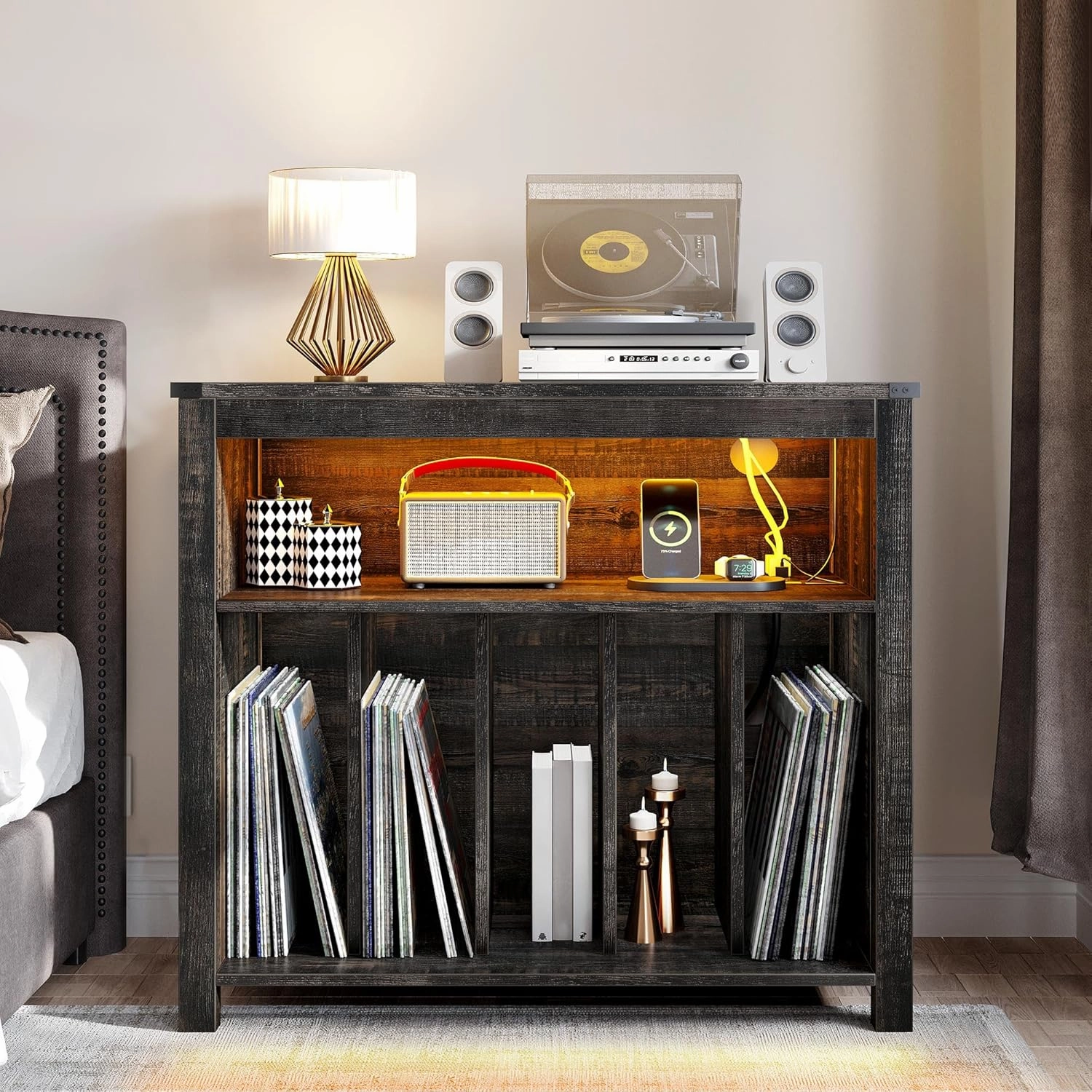 YITAHOME Large Record Player Stand with Power Outlets & LED Lights, Vinyl Record Storage Table with Display Shelf Holds Up to 120 Albums, Turntable Stand for Living Room, Bedroom, Dark Rustic Oak