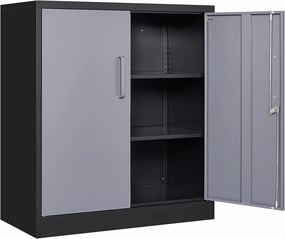 Yizosh Metal Garage Storage Cabinet with 2 Doors and 2 Adjustable Shelves - 35.5" Steel Lockable File Cabinet for Home Office,Garage,Gym,SchoolGray Black equipment cabinet,AV gear cabinet,component enclosure,