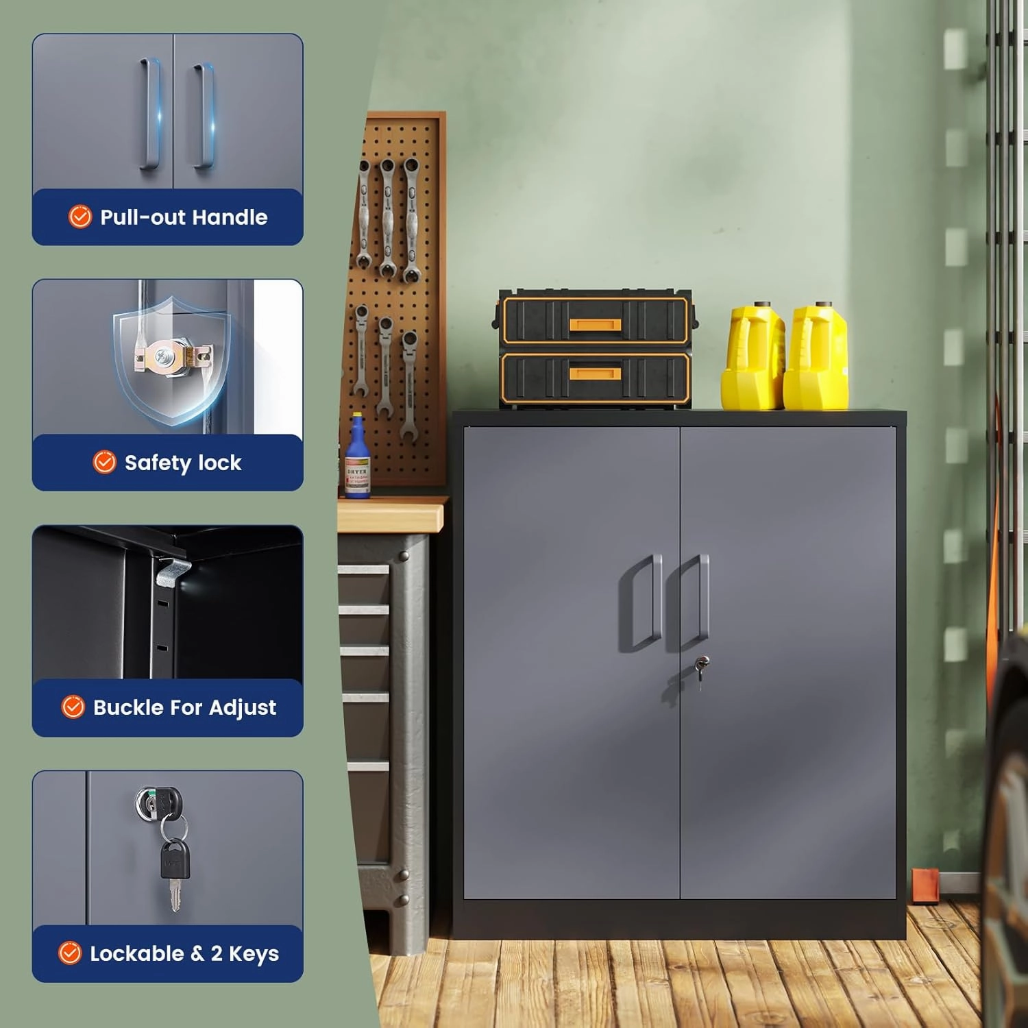 Yizosh Metal Garage Storage Cabinet with 2 Doors and 2 Adjustable Shelves - 35.5" Steel Lockable File Cabinet for Home Office,Garage,Gym,SchoolGray Black