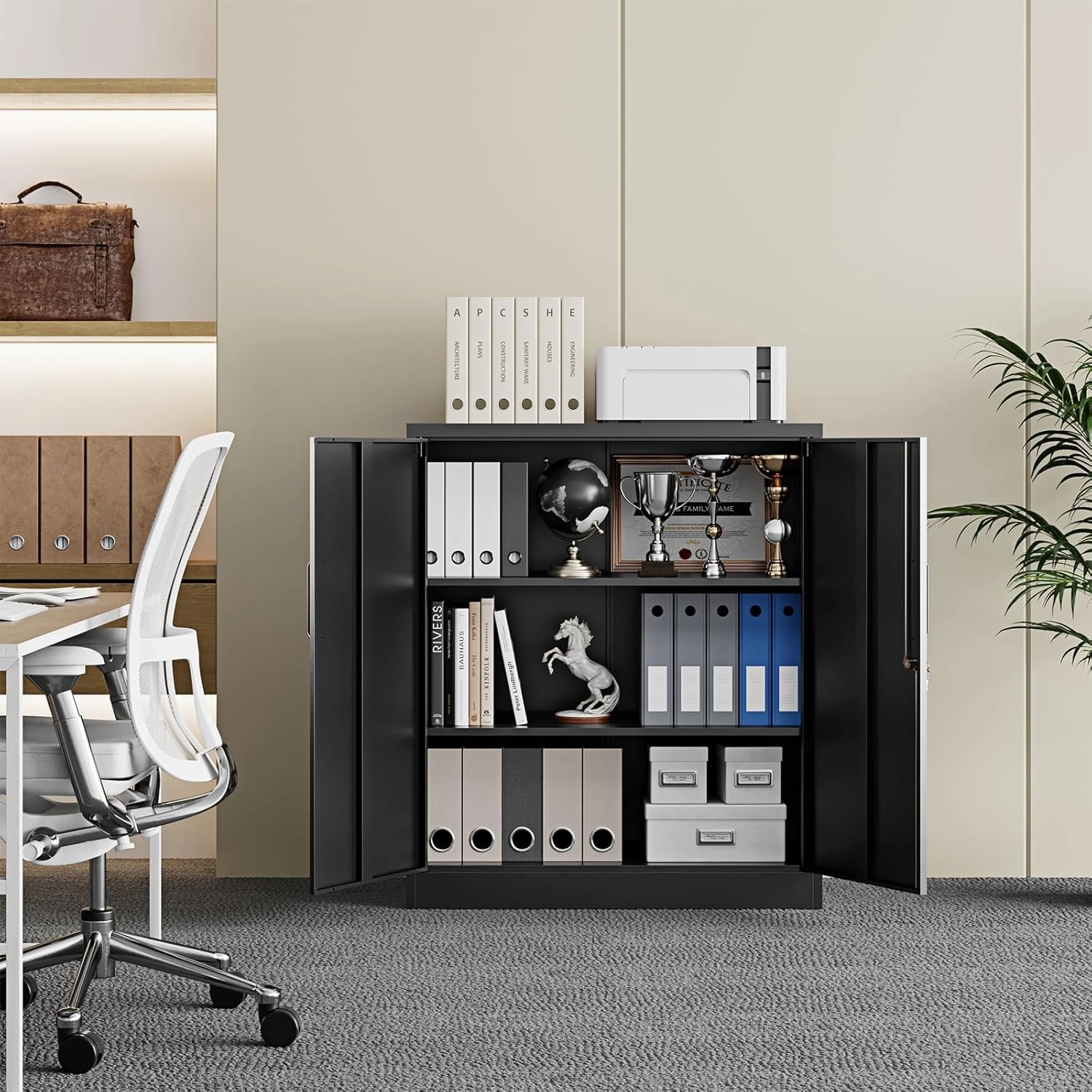 Yizosh Metal Garage Storage Cabinet with 2 Doors and 2 Adjustable Shelves - 35.5" Steel Lockable File Counter Cabinet for Home Office,Garage,Gym,SchoolBlack