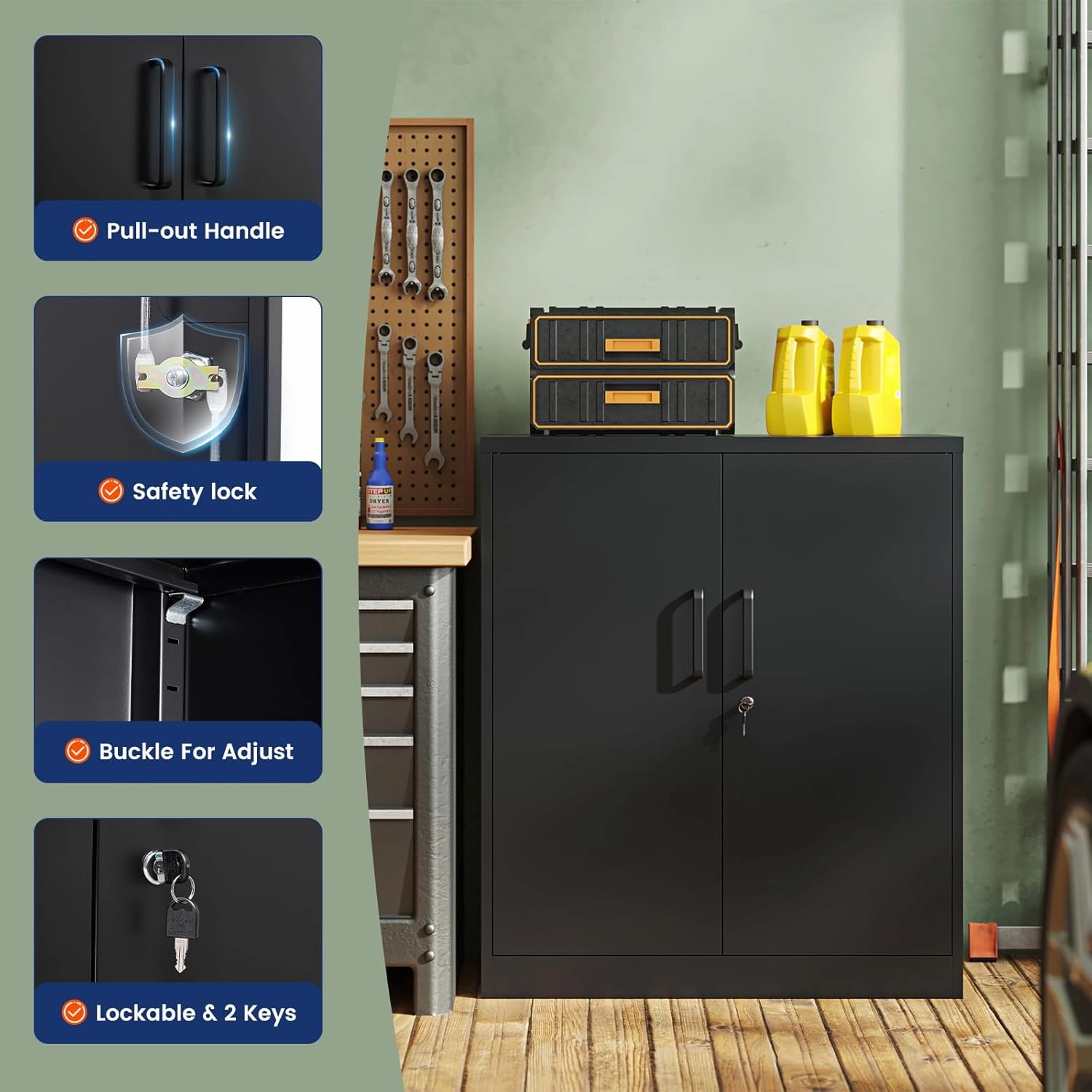Yizosh Metal Garage Storage Cabinet with 2 Doors and 2 Adjustable Shelves - 35.5" Steel Lockable File Counter Cabinet for Home Office,Garage,Gym,SchoolBlack