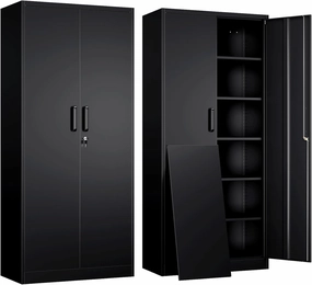 Yizosh Metal Garage Storage Cabinet with 2 Doors and 5 Adjustable Shelves - 71" Steel Lockable File Cabinet,Locking Tool Cabinets for Office,Home,Garage,Gym,School (Black) equipment cabinet,AV gear cabinet,component enclosure,