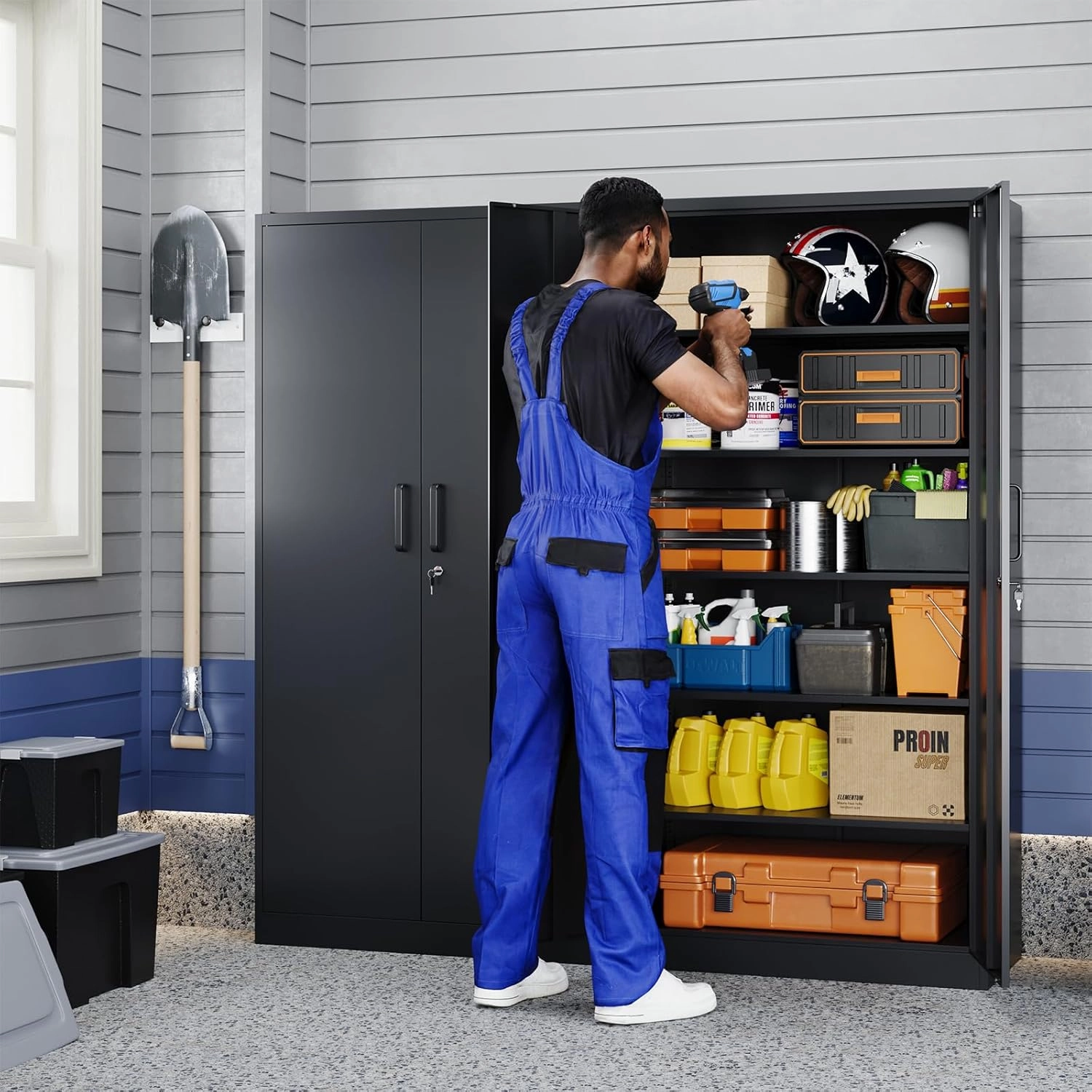 Yizosh Metal Garage Storage Cabinet with 2 Doors and 5 Adjustable Shelves - 71" Steel Lockable File Cabinet,Locking Tool Cabinets for Office,Home,Garage,Gym,School (Black)