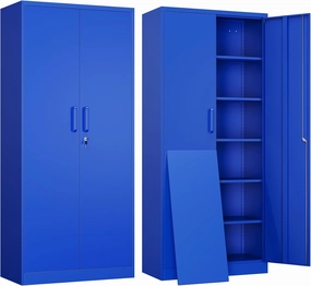 Yizosh Metal Garage Storage Cabinet with 2 Doors and 5 Adjustable Shelves - 71" Steel Lockable File Cabinet,Locking Tool Cabinets for Office,Home,Garage,Gym,School (Blue) equipment cabinet,AV gear cabinet,component enclosure,