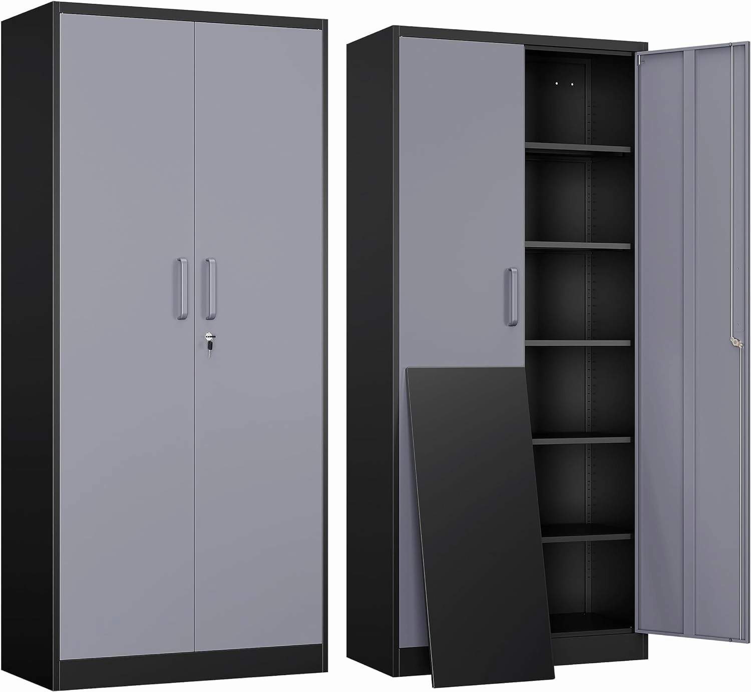Yizosh Metal Garage Storage Cabinet with 2 Doors and 5 Adjustable Shelves - 71" Steel Lockable File Cabinet,Locking Tool Cabinets for Office,Home,Garage,Gym,School (Gray Black) equipment cabinet,AV gear cabinet,component enclosure,