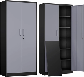 Yizosh Metal Garage Storage Cabinet with 2 Doors and 5 Adjustable Shelves - 71" Steel Lockable File Cabinet,Locking Tool Cabinets for Office,Home,Garage,Gym,School (Gray Black) equipment cabinet,AV gear cabinet,component enclosure,