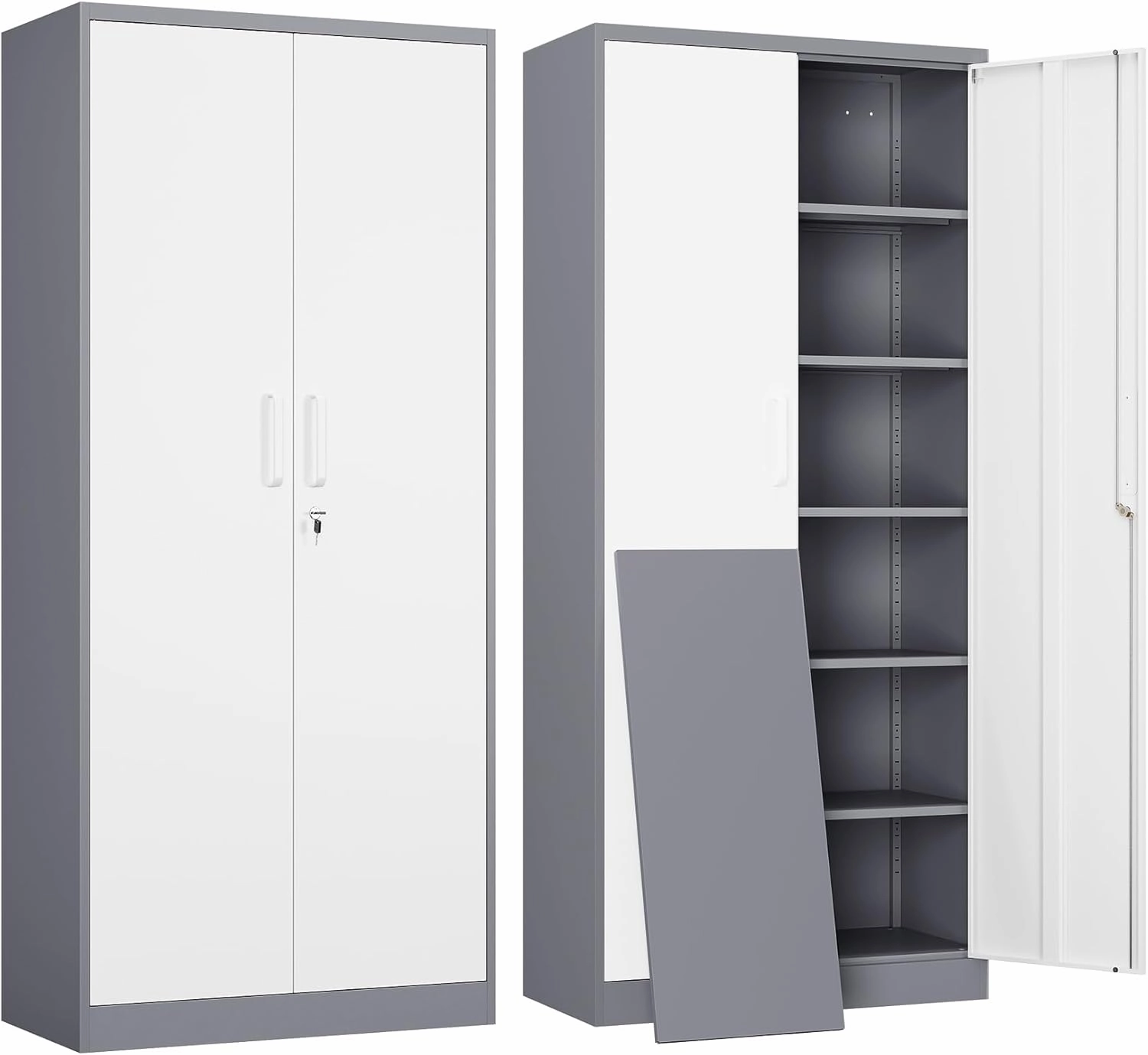 Yizosh Metal Garage Storage Cabinet with 2 Doors and 5 Adjustable Shelves - 71" Steel Lockable File Cabinet,Locking Tool Cabinets for Office,Home,Garage,Gym,School (Gray White) equipment cabinet,AV gear cabinet,component enclosure,