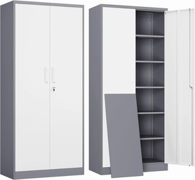 Yizosh Metal Garage Storage Cabinet with 2 Doors and 5 Adjustable Shelves - 71" Steel Lockable File Cabinet,Locking Tool Cabinets for Office,Home,Garage,Gym,School (Gray White) equipment cabinet,AV gear cabinet,component enclosure,