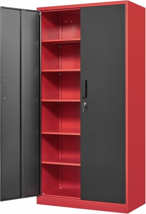Yizosh Metal Garage Storage Cabinet with 2 Doors and 5 Adjustable Shelves - 71" Steel Lockable File Cabinet,Locking Tool Cabinets for Office,Home,Garage,Gym,School (Red Black) equipment cabinet,AV gear cabinet,component enclosure,