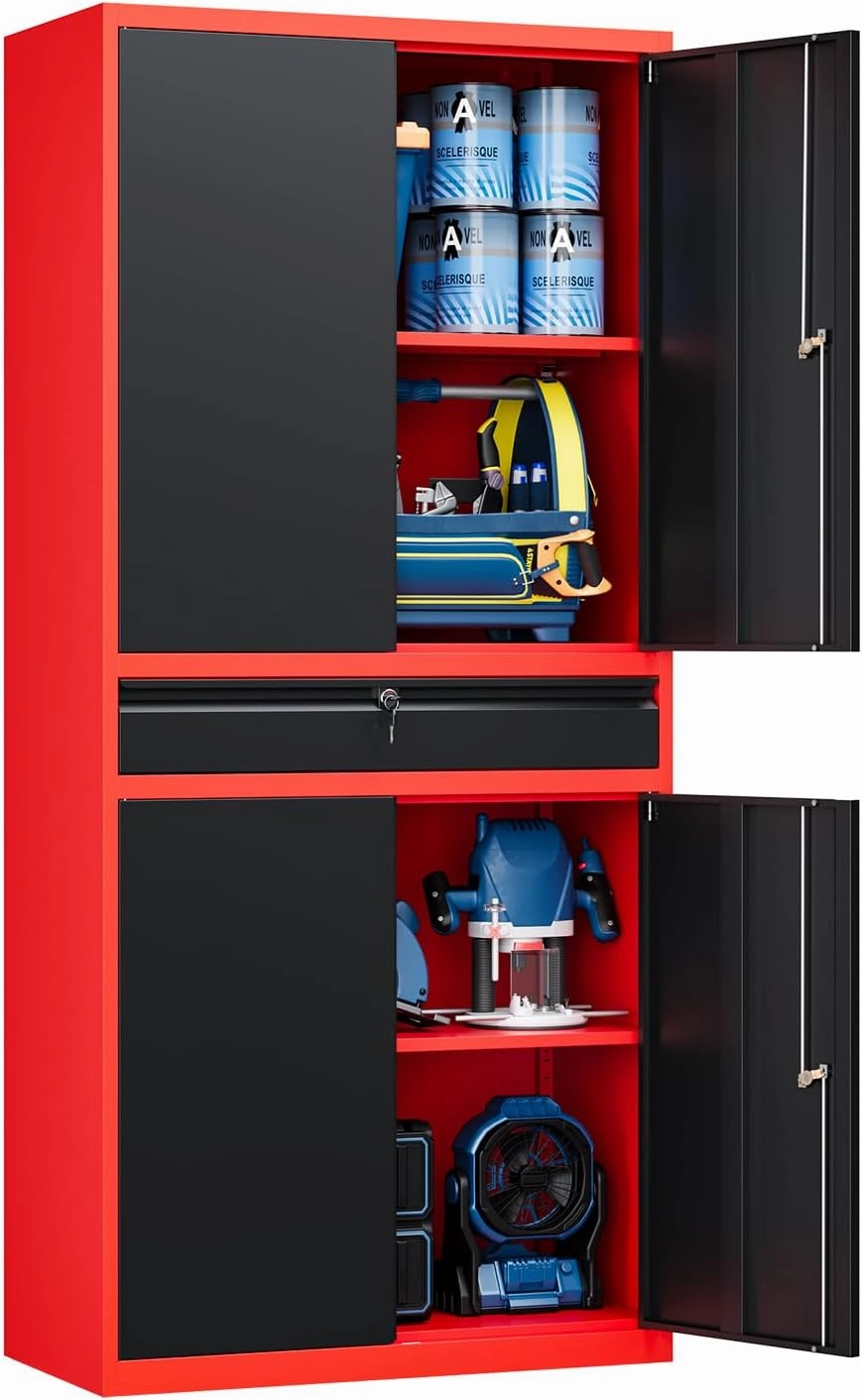 Yizosh Metal Garage Storage Cabinet with Locking Doors and Adjustable Shelves,- 71" Tool Storage Cabinet with 1 Drawer for Garage,Office,Warehouse equipment cabinet,AV gear cabinet,component enclosure,