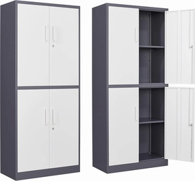 Yizosh Metal Storage Locking Cabinet with 4 Doors and 2 Adjustable Shelves,71" Lockable Garage Tall Steel Cabinet,for Home Office,Living Room,Pantry,Gym,Commercial Storage (Gray White) equipment cabinet,AV gear cabinet,component enclosure,