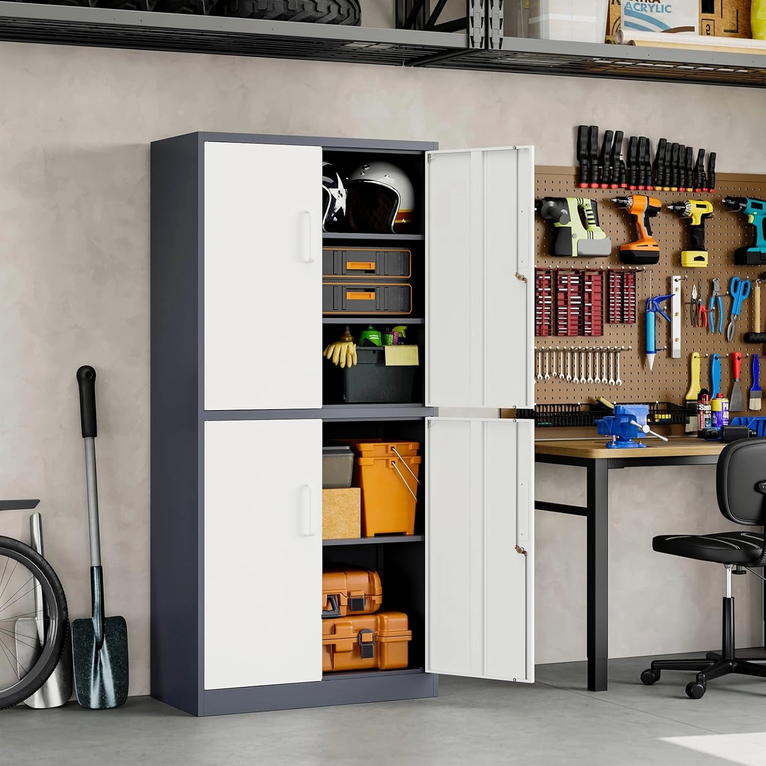Yizosh Metal Storage Locking Cabinet with 4 Doors and 2 Adjustable Shelves,71" Lockable Garage Tall Steel Cabinet,for Home Office,Living Room,Pantry,Gym,Commercial Storage (Gray White)